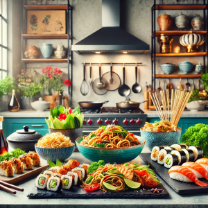 DALL·E 2024-08-31 18.16.44 - A vibrant kitchen scene featuring a variety of authentic Asian dishes from different regions, including sushi, stir-fried noodles, teriyaki chicken, a